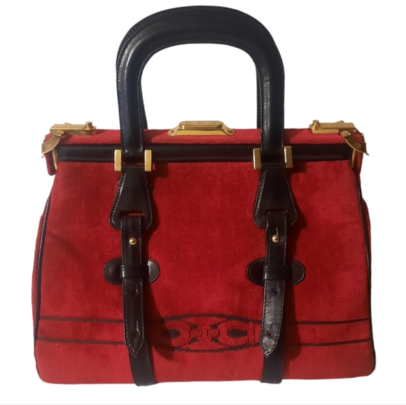 CESARE PICCINI Vintage Velvet Satchel w/ Leather Trim Red/Blk Gold HW - Picture 4 of 13